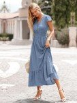 Swiss Dot Maxi Dress with Ruffles - Grey Blue