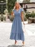 Swiss Dot Maxi Dress with Ruffles - Grey Blue