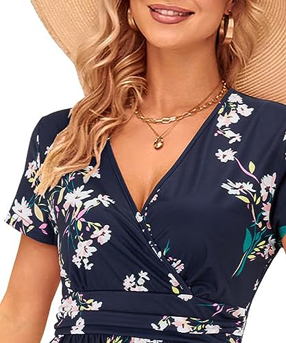 OUGES Women's Spring Dresses for Women 2024 Casual Summer Dress Short Sleeve V-Neck Floral Short Party Dress with Pockets(Florals,XL)