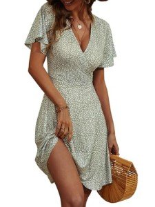 FENSACE Dresses for Women 2024 Casual Beach A-Line Floral Spring Summer Dresses(Green,Medium)