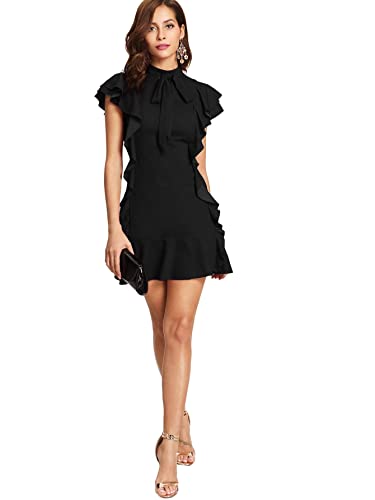 Floerns Women's Tie Neck Short Sleeve Ruffle Hem Cocktail Party Dress Black L