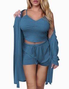 Dark Blue Rib Knit 3-Piece Pajama Set for Women