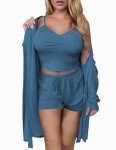 Dark Blue Rib Knit 3-Piece Pajama Set for Women