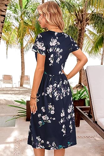 OUGES Women's Spring Dresses for Women 2024 Casual Summer Dress Short Sleeve V-Neck Floral Short Party Dress with Pockets(Florals,XL)
