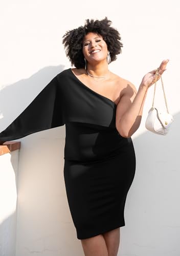 GOBLES Women's Summer Sexy One Shoulder Ruffle Bodycon Midi Cocktail Dress Black