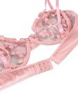 Lilosy Sexy Cute Underwire Push Up Strappy Heart Embroidered Mesh Sheer Lingerie Set for Women See Through Bra and Panty 2 Piece Pink X-Small