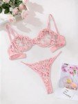 Lilosy Sexy Cute Underwire Push Up Strappy Heart Embroidered Mesh Sheer Lingerie Set for Women See Through Bra and Panty 2 Piece Pink X-Small