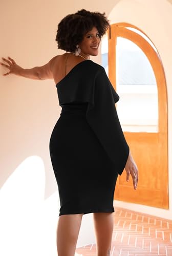 GOBLES Women's Summer Sexy One Shoulder Ruffle Bodycon Midi Cocktail Dress Black