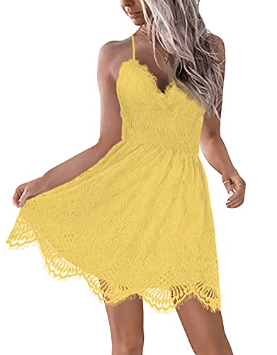 AOOKSMERY Women Summer V-Neck Spaghetti Straps Lace Backless Mini Party Club Beach Dresses (Yellow, Small)