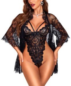 RSLOVE Women's Lace Kimono and Bodysuit Set
