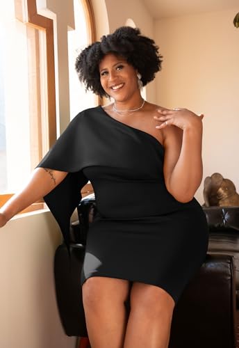 GOBLES Women's Summer Sexy One Shoulder Ruffle Bodycon Midi Cocktail Dress Black