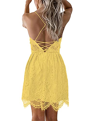 AOOKSMERY Women Summer V-Neck Spaghetti Straps Lace Backless Mini Party Club Beach Dresses (Yellow, Small)