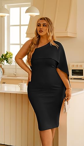 GOBLES Women's Summer Sexy One Shoulder Ruffle Bodycon Midi Cocktail Dress Black