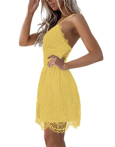 AOOKSMERY Women Summer V-Neck Spaghetti Straps Lace Backless Mini Party Club Beach Dresses (Yellow, Small)