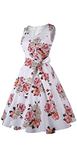 Dressever Women's 50s 60s Vintage Sleeveless Cocktail Party Dress with Pockets Pink Flower L