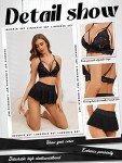 PITINAN Women's 3-Piece Lace Lingerie Set - Black