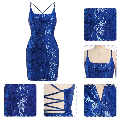 Blue Homecoming Dress for Teens Girls Womens Spaghetti Straps Sparkly Sequin Bodycon Dress Streetwear Festival Rave Dance Cocktail Party Dress Mini Short Prom Dresses Backless Royal Blue S