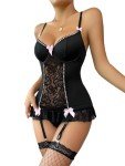 Floral Lace Garter Belt Babydoll Lingerie Set