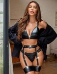 Avidlove Black Leather Lingerie Set with Garter Belt