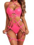Avidlove Women's Pink Leather Lace Teddy Lingerie