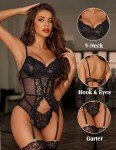 Avidlove Black Lace Babydoll Bodysuit with Garter Belt
