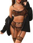 Leopard Print Fishnet Lingerie Set with Garter Belt