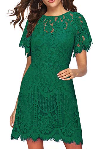 MSLG Wedding Dresses for Women Elegant Round Neck Short Sleeves V-Back Floral Lace Cocktail Party Dress 910 (Green, XL)