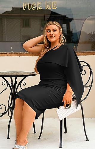 GOBLES Women's Summer Sexy One Shoulder Ruffle Bodycon Midi Cocktail Dress Black