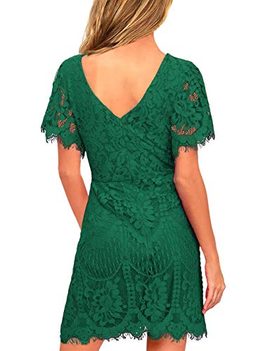MSLG Wedding Dresses for Women Elegant Round Neck Short Sleeves V-Back Floral Lace Cocktail Party Dress 910 (Green, XL)