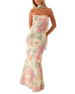 Floral Strapless Maxi Dress with Neck Scarf