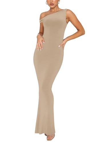 REORIA Women's One Shoulder Ribbed Maxi Dress