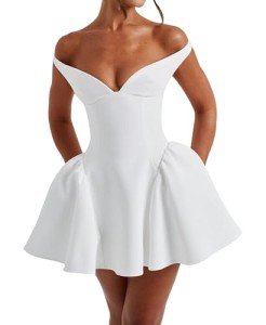 Azhong Women's White Summer V Neck Off-Shoulder Dress