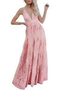 Pink Deep V-Neck Backless Lace Dress for Women