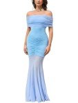 Blue Off Shoulder Bodycon Maxi Dress for Women