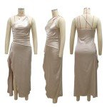 One Shoulder Satin High Split Maxi Dress