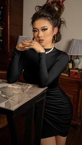 GOBLES Women's Long Sleeve Elegant Sexy Bodycon Ruched Mini Cocktail Dress Black
