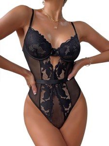 Black Lace Cut Out Teddy Bodysuit for Women