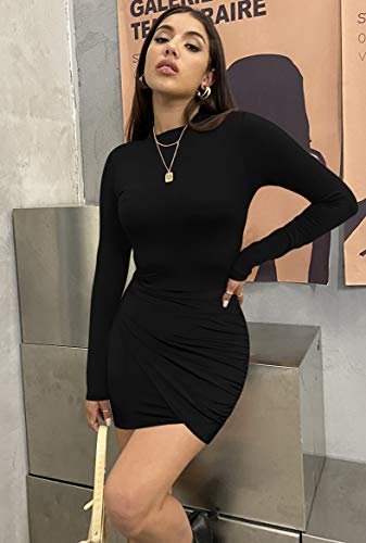 GOBLES Women's Long Sleeve Elegant Sexy Bodycon Ruched Mini Cocktail Dress Black