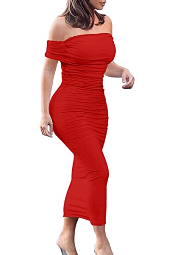 GOBLES Women's Ruched Off Shoulder Short Sleeve Bodycon Midi Elegant Cocktail Party Dress Red