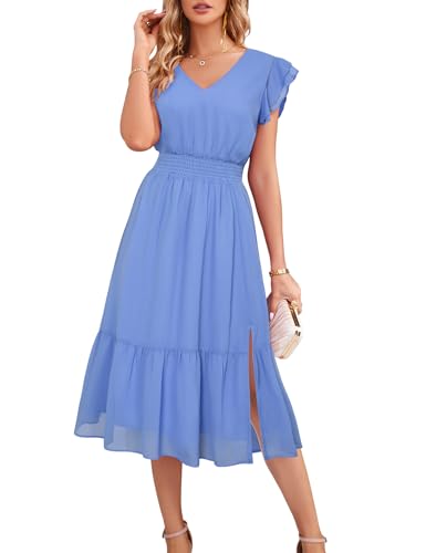 GRACE KARIN Dresses Polka Dot Dress for Women V Neck Ruffle Sleeve A-Line Midi Dress Summer Cocktail Party Dress Gray Blue XL