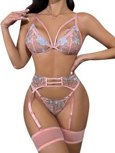 Popiv Women's 4-Piece Lingerie Set with Garter Belt