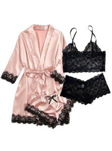 Pink Silk Pajama Set: 4-Piece Lace Lingerie
