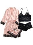 Pink Silk Pajama Set: 4-Piece Lace Lingerie