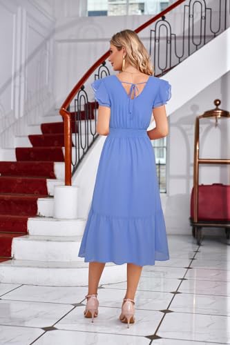 GRACE KARIN Dresses Polka Dot Dress for Women V Neck Ruffle Sleeve A-Line Midi Dress Summer Cocktail Party Dress Gray Blue XL