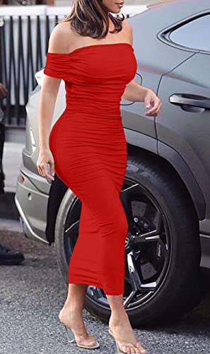 GOBLES Women's Ruched Off Shoulder Short Sleeve Bodycon Midi Elegant Cocktail Party Dress Red