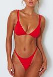 Women's High Cut Thong Bikini Low Triangle Swimsuit Padded Swimwear Adjustable Strap Sexy 2PCS Beachwear Red L