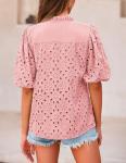 PRETTYGARDEN Women's Summer Tops Dressy Casual Short Lantern Sleeve V Neck Buttons Hollow Out Lace Embroidered Blouses Shirts (Pink,XX-Large)