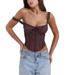 YADMISU Women's Lace Up Cami Corset Tops Cold Shoulder Zip Side Ties Back Sexy Going Out Bodyshaper Bustier Top,Brown,S