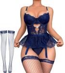 Navy Blue Women's Sexy Lingerie Set with Garter