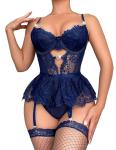 Navy Blue Women's Sexy Lingerie Set with Garter